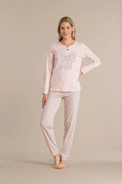 Pigiama donna in cotone top con collo due bottoni e pantalone lungo articolo pois NOIDINOTTE