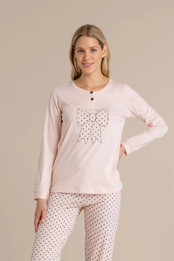 Pigiama donna in cotone top con collo due bottoni e pantalone lungo articolo pois NOIDINOTTE