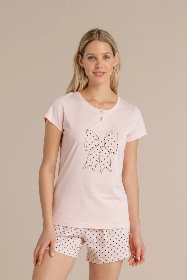 Pigiama donna in cotone top manica corta con collo due bottoni e pantalone corto articolo poisNOIDINOTTE