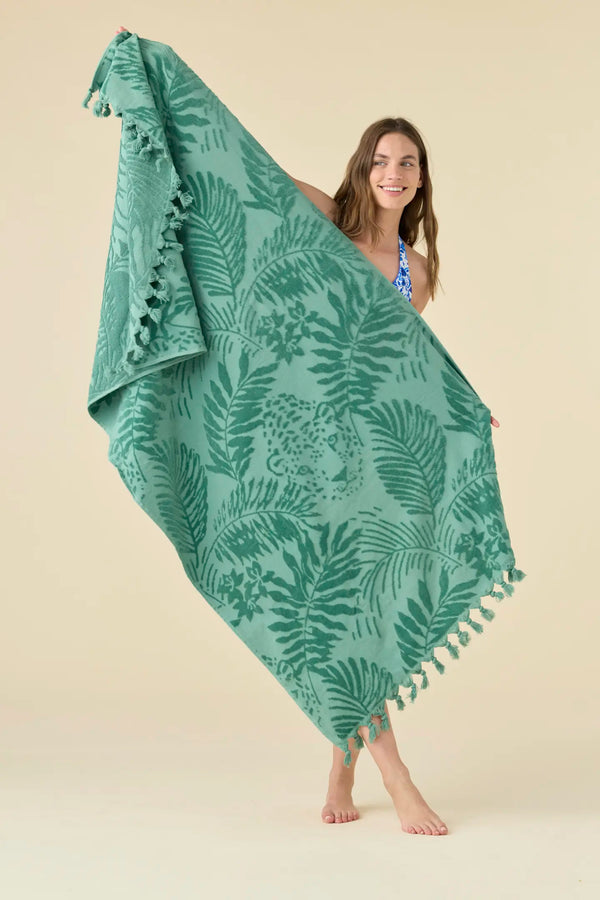 Telo mare 90x170 cm in spugna velour rasato verde con stampa tropical NOIDINOTTE
