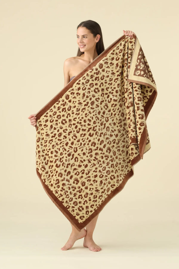Telo mare 90x170 cm in spugna velour beige con stampa maculata