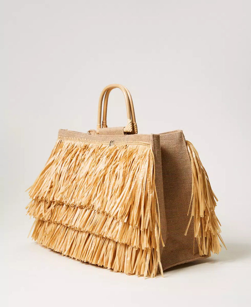 Borsa shopper in juta con frange TWINSET
