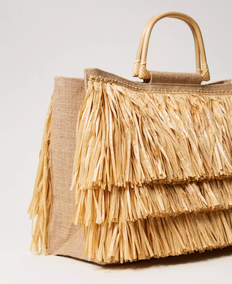 Borsa shopper in juta con frange TWINSET