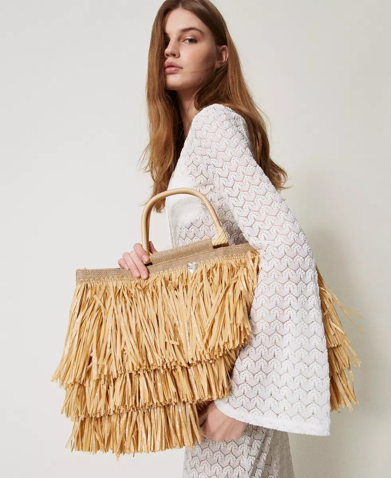 Borsa shopper in juta con frange TWINSET
