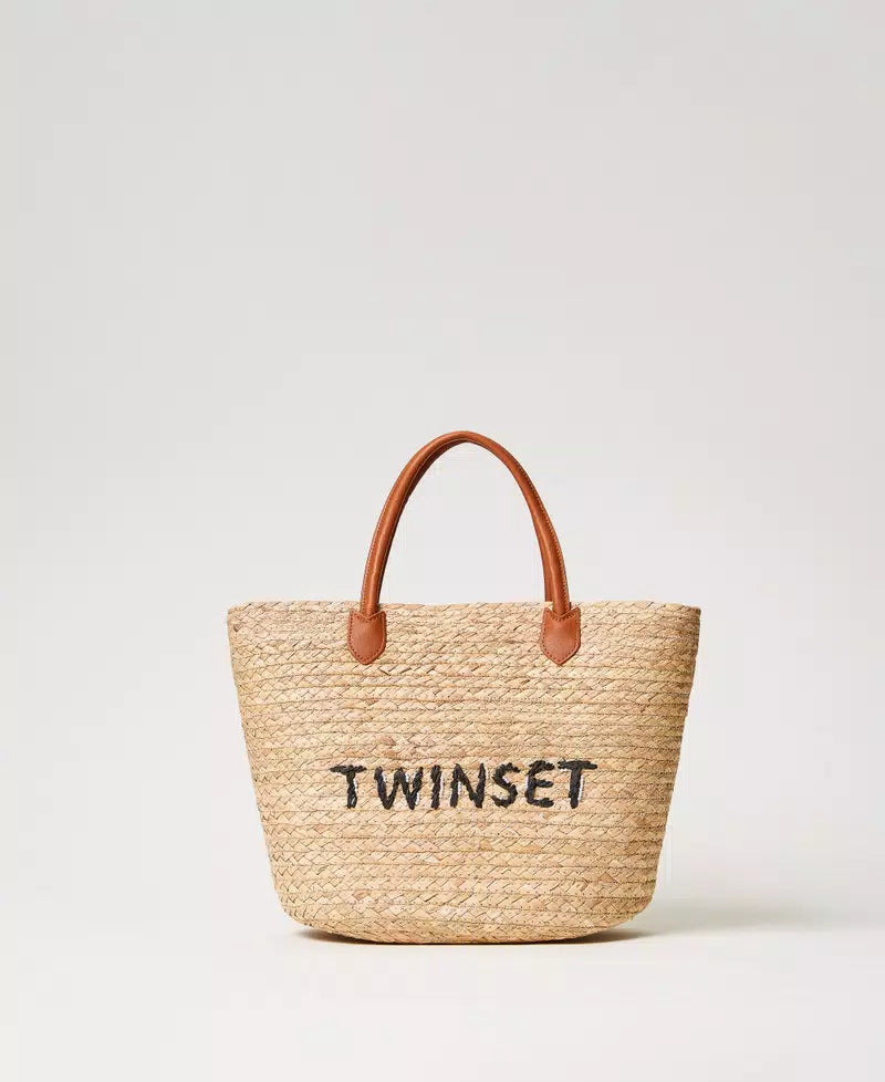 Borsa shopper in paglia con logo TWINSET