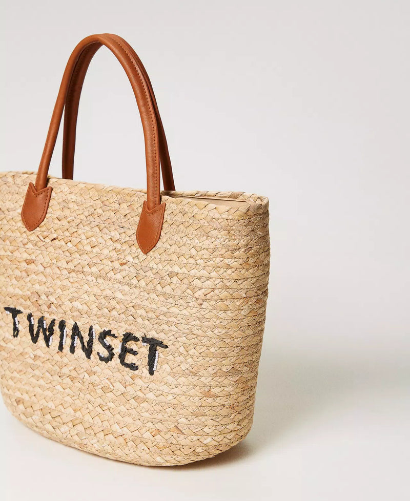 Borsa shopper in paglia con logo TWINSET