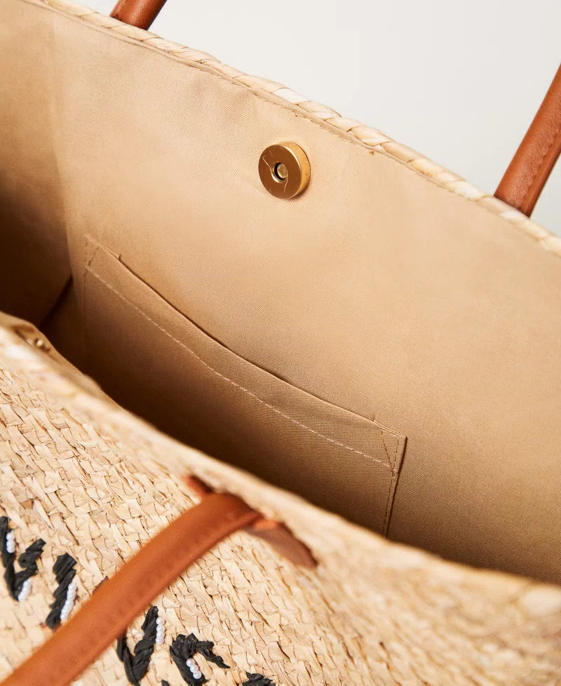 Borsa shopper in paglia con logo TWINSET