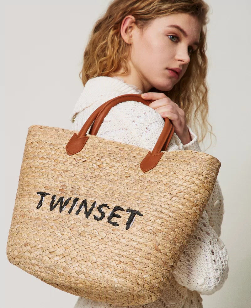 Borsa shopper in paglia con logo TWINSET