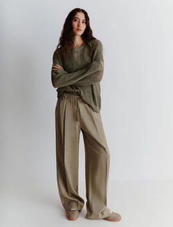 Pantalone dritto in viscosa e lino stretch - Verde marella monochrome