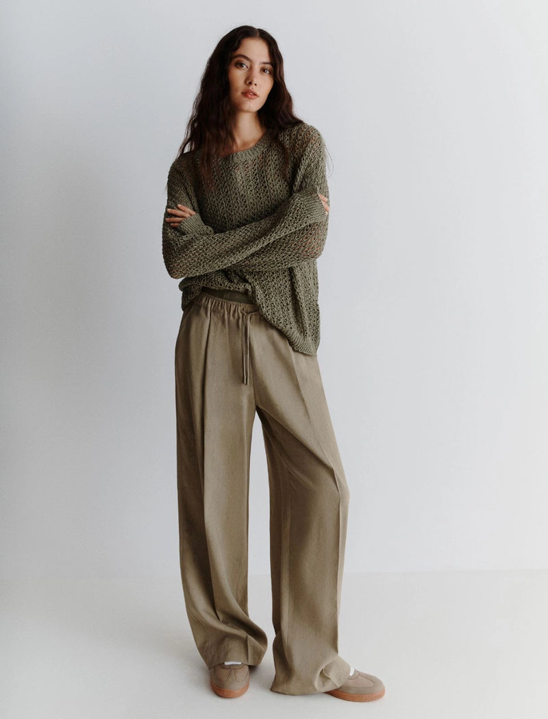 Pantalone dritto in viscosa e lino stretch - Verde marella monochrome