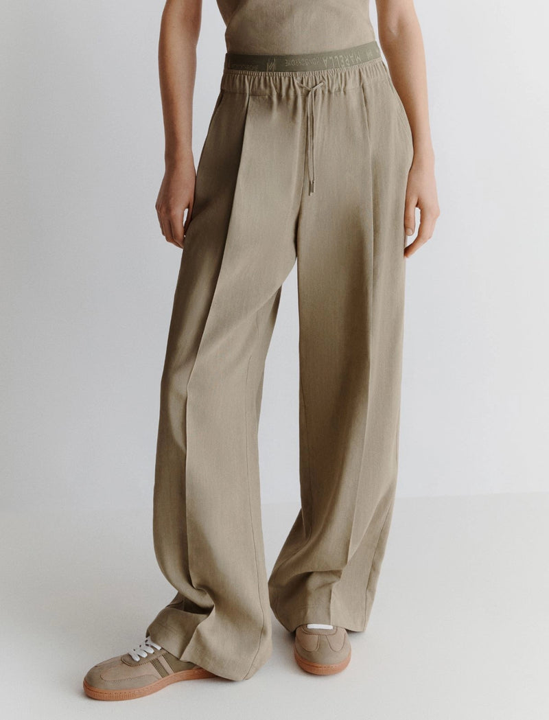 Pantalone dritto in viscosa e lino stretch - Verde marella monochrome