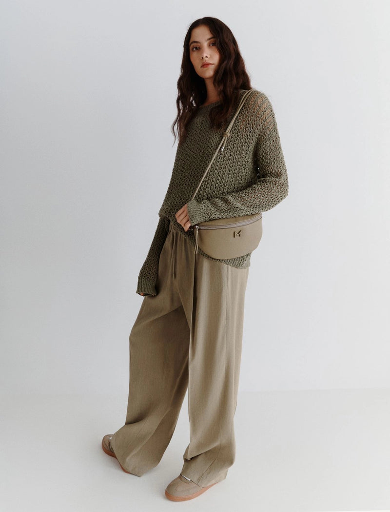 Pantalone dritto in viscosa e lino stretch - Verde marella monochrome