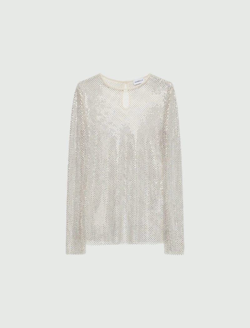 T-shirt in tulle con strass - Bianco lana MARELLA