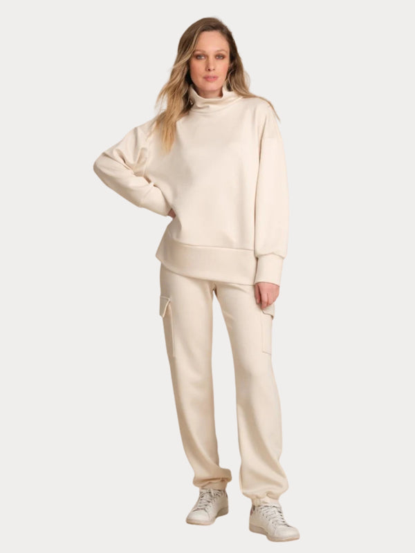 COMPLETO DONNA IN TESSUTO SCUBA CON COLLO ALTO E CARGO - PANNA PEPITA