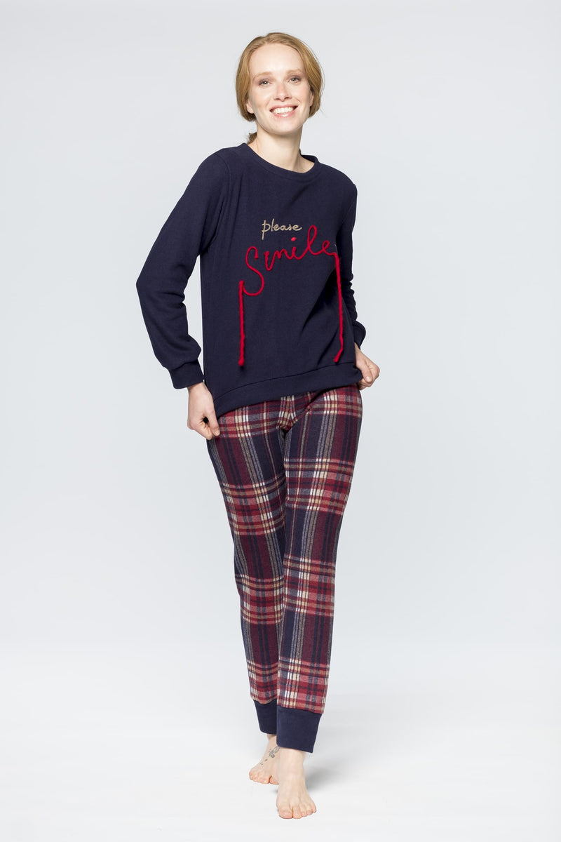 COMPLETO DA CASA A QUADRI CON RICAMO - BLU PEPITA