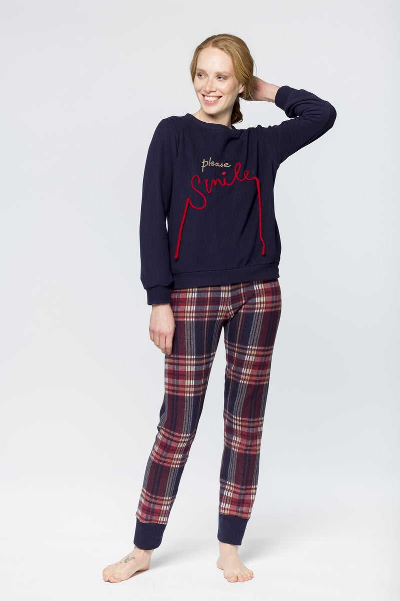 COMPLETO DA CASA A QUADRI CON RICAMO - BLU PEPITA