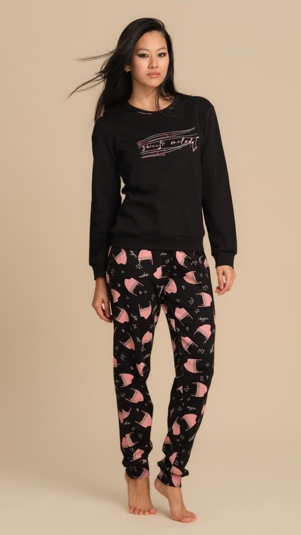 PIGIAMA DONNA IN CALDO COTONE CON MAGLIA RICAMATA E PANTALONE STAMPATO - NERO PEPITA