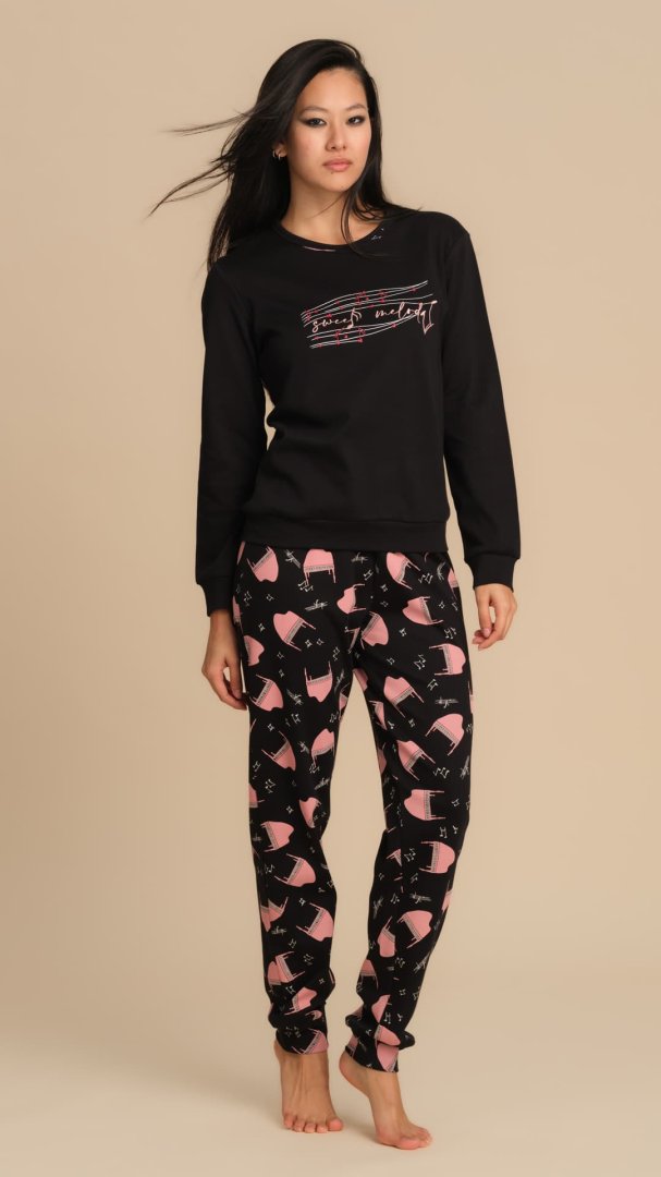 PIGIAMA DONNA IN CALDO COTONE CON MAGLIA RICAMATA E PANTALONE STAMPATO - NERO PEPITA