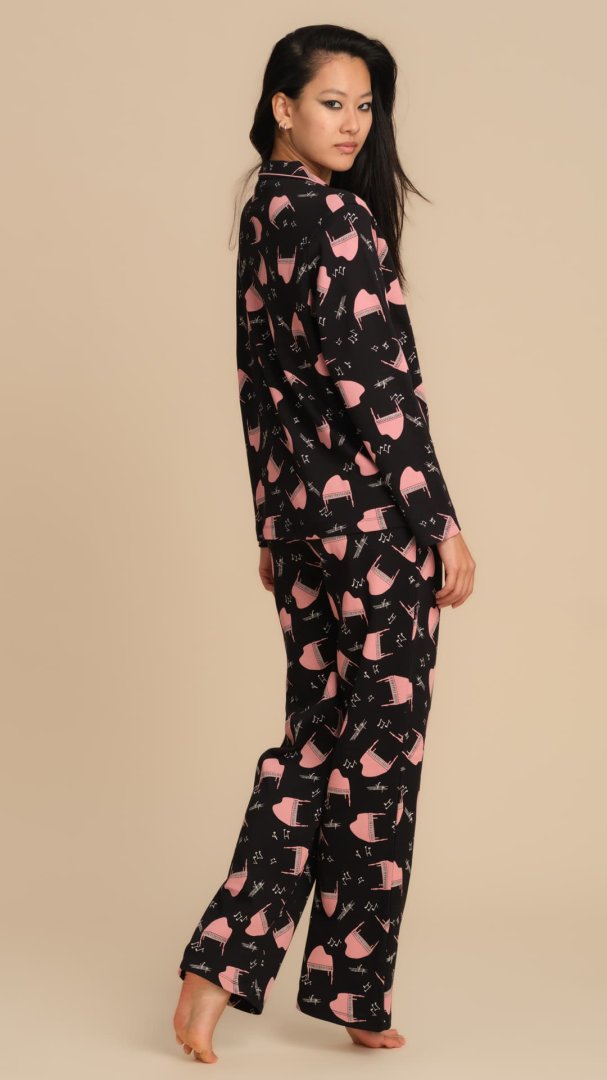 PIGIAMA APERTO DAVANTI IN CALDO COTONE CON STAMPA PIANOFORTI - NERO PEPITA