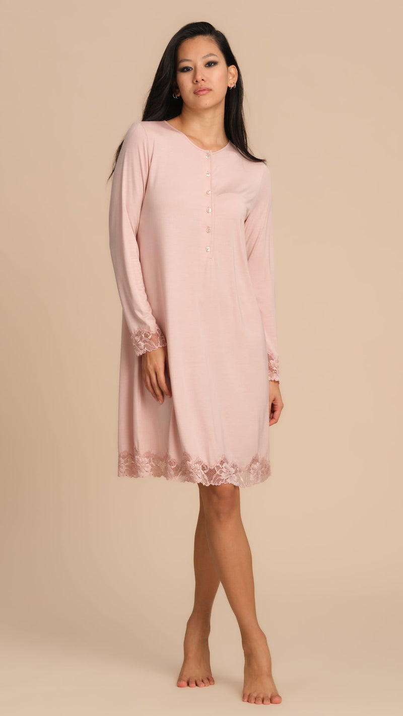 CAMICIA DA NOTTE TINTA UNITA CON PIZZO - ROSA PEPITA