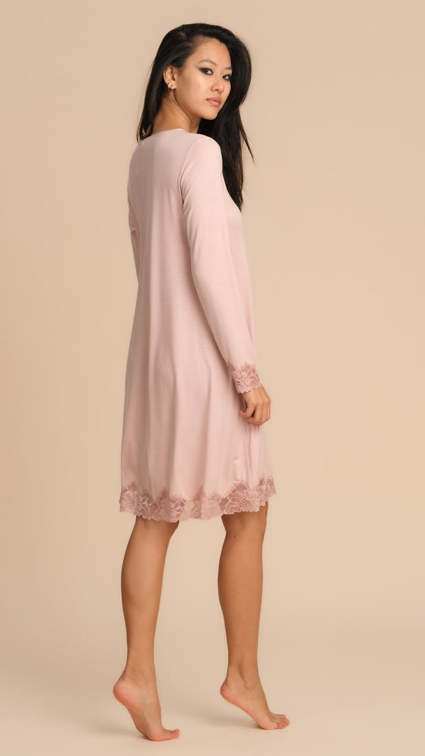 CAMICIA DA NOTTE TINTA UNITA CON PIZZO - ROSA PEPITA