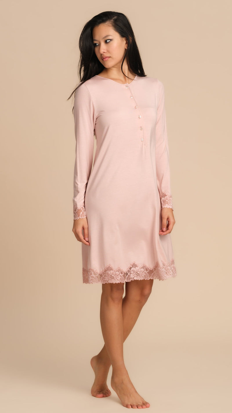 CAMICIA DA NOTTE TINTA UNITA CON PIZZO - ROSA PEPITA