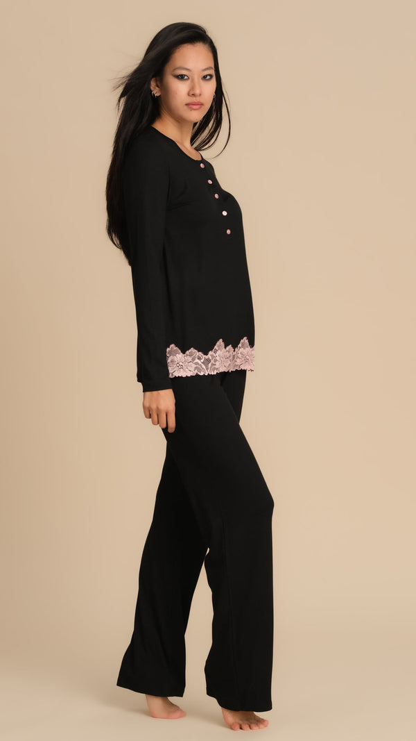 PIGIAMA DA NOTTE TINTA UNITA CON PIZZO - NERO PEPITA