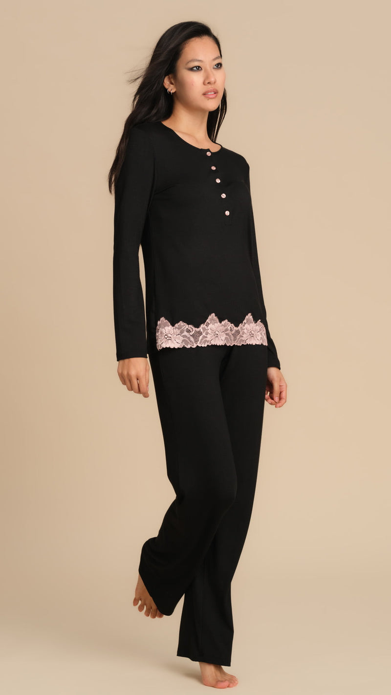 PIGIAMA DA NOTTE TINTA UNITA CON PIZZO - NERO PEPITA