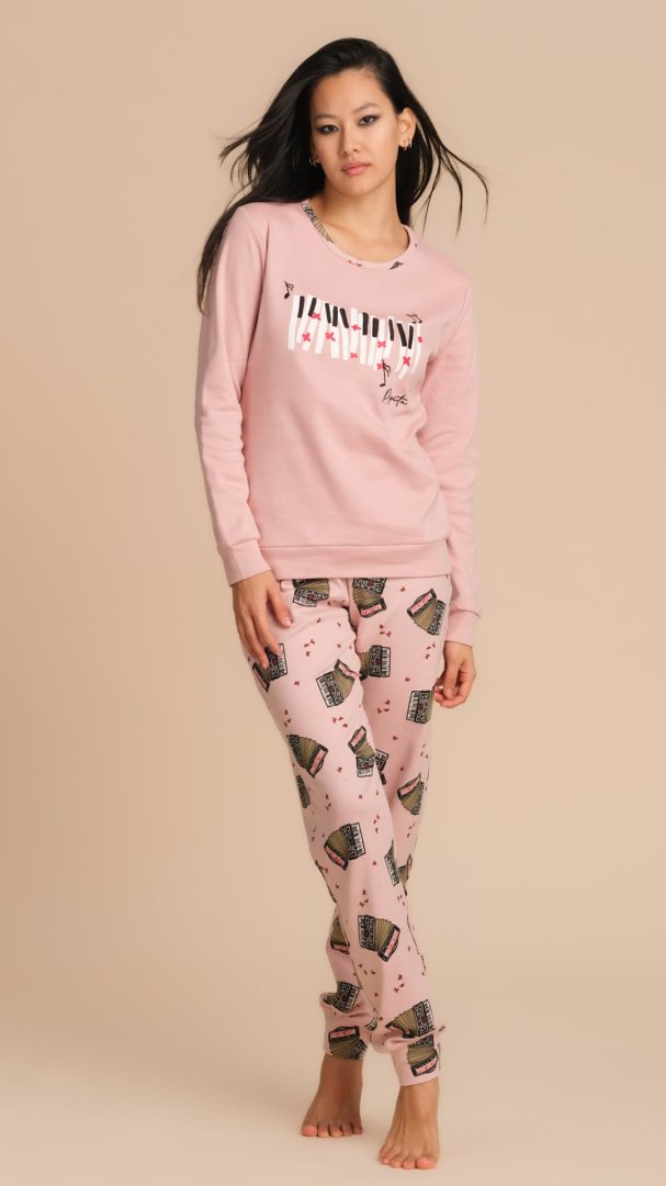 PIGIAMA DONNA IN CALDO COTONE CON MAGLIA RICAMATA E PANTALONE STAMPATO - ROSA PEPITA