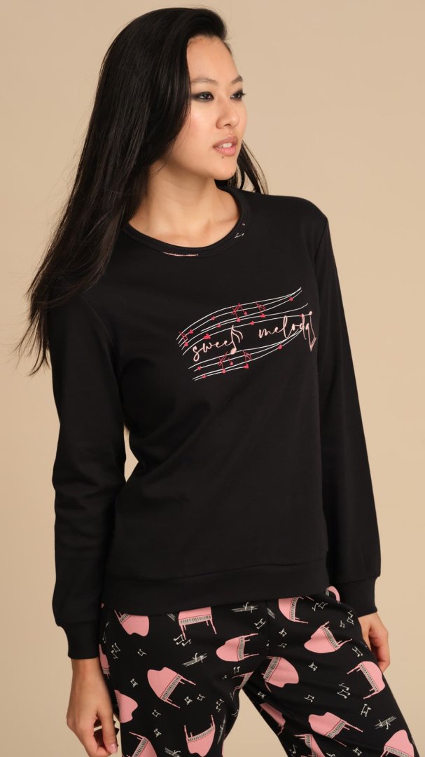 PIGIAMA DONNA IN CALDO COTONE CON MAGLIA RICAMATA E PANTALONE STAMPATO - NERO PEPITA