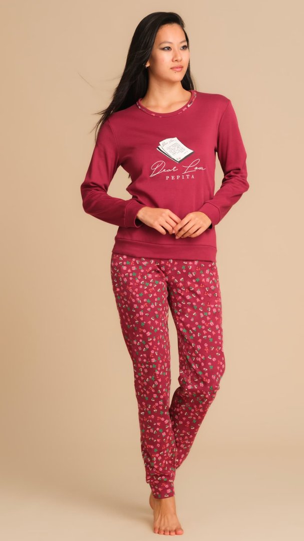 PIGIAMA DONNA IN CALDO COTONE CON MAGLIA RICAMATA E PANTALONE STAMPATO - BORDEAUX PEPITA