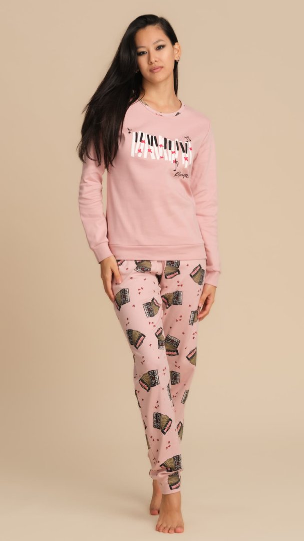 PIGIAMA DONNA IN CALDO COTONE CON MAGLIA RICAMATA E PANTALONE STAMPATO - ROSA PEPITA