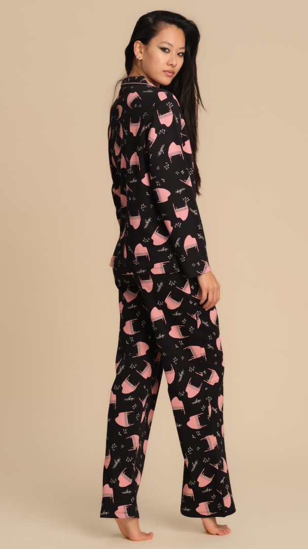 PIGIAMA APERTO DAVANTI IN CALDO COTONE CON STAMPA PIANOFORTI - NERO PEPITA