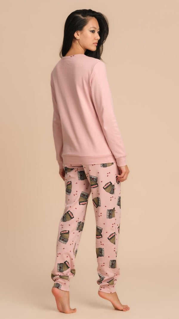 PIGIAMA DONNA IN CALDO COTONE CON MAGLIA RICAMATA E PANTALONE STAMPATO - ROSA PEPITA