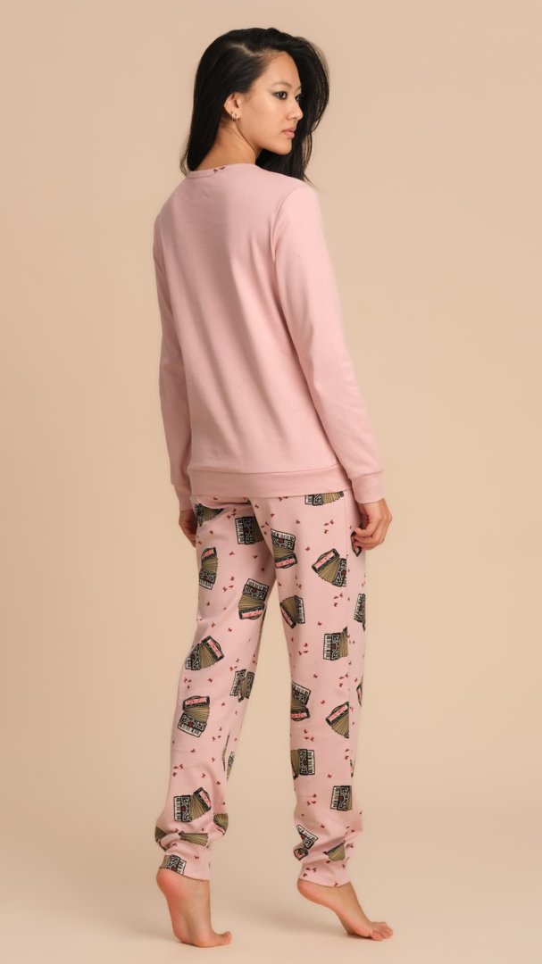 PIGIAMA DONNA IN CALDO COTONE CON MAGLIA RICAMATA E PANTALONE STAMPATO - ROSA PEPITA