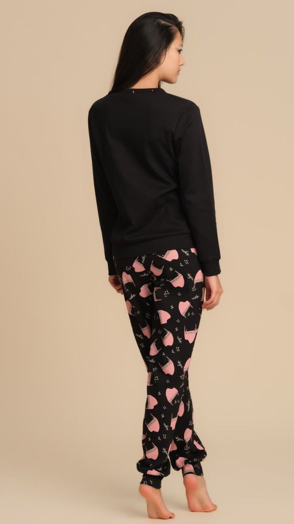 PIGIAMA DONNA IN CALDO COTONE CON MAGLIA RICAMATA E PANTALONE STAMPATO - NERO PEPITA