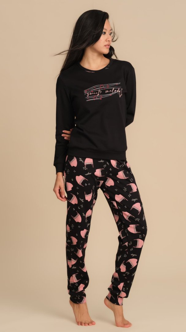 PIGIAMA DONNA IN CALDO COTONE CON MAGLIA RICAMATA E PANTALONE STAMPATO - NERO PEPITA