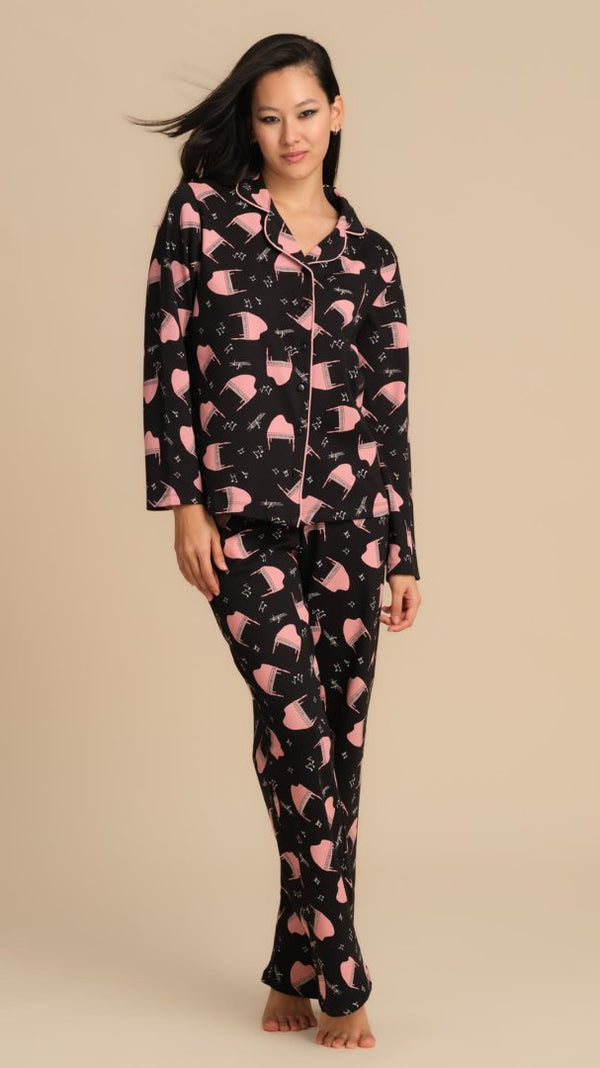 PIGIAMA APERTO DAVANTI IN CALDO COTONE CON STAMPA PIANOFORTI - NERO PEPITA